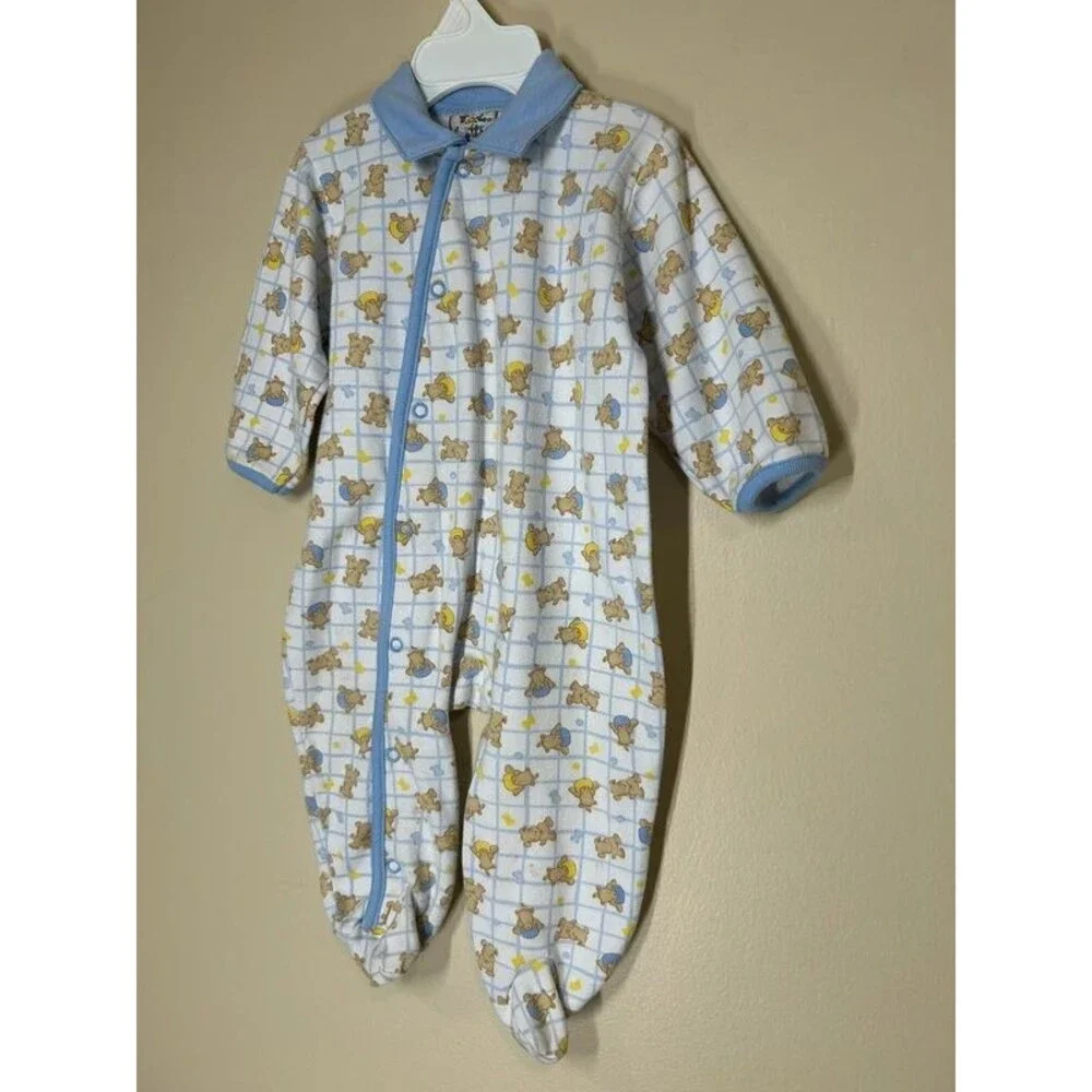 Vintage Tudoe Little 6-9M Boy Polo Collar Teddy Bear Footed Snap Sleeper Pajamas